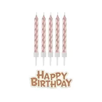 Dortové svíčky rose gold s držátky a nápis happy birthday 16 ks