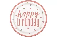 EKO Talířky papírové - Happy birthday rosegold puntíky 23cm, 8ks