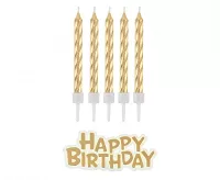 Dortové svíčky zlaté s držátky a nápis happy birthday 16 ks