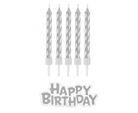 Dortové svíčky stříbrné s držátky a nápis happy birthday 16 ks