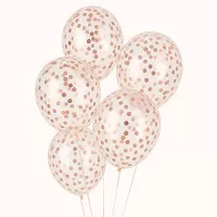 Latexové balonky průhledné s rosegold konfetami 30 cm - 5 ks